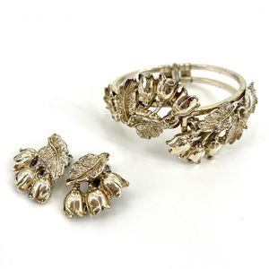 Lily of the Valley 1960’s Vintage Gold Bangle and Matching Clip-On Earring Set